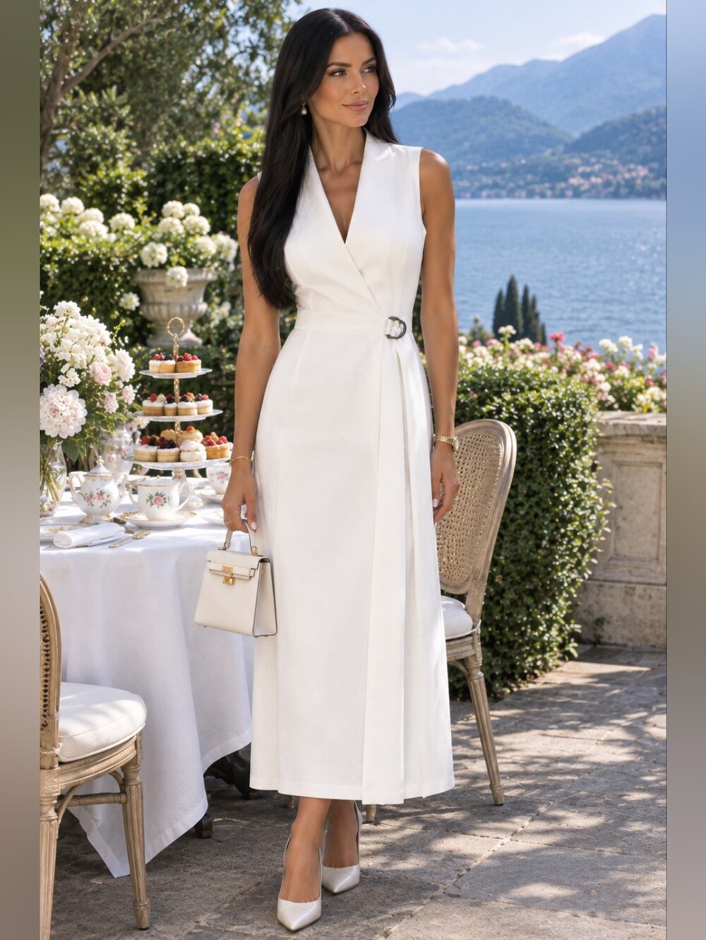 Ted Baker White Sleeveless Wrap Midi Dress with Side Buckle